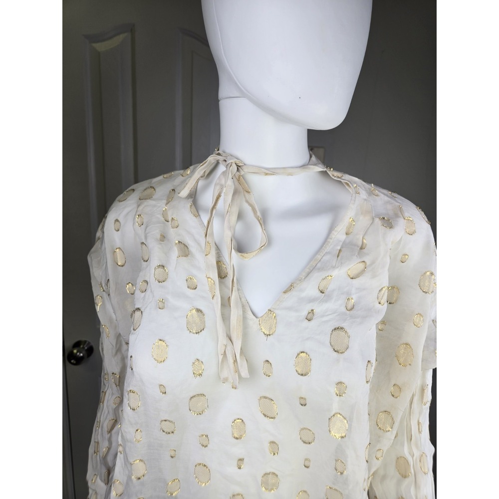 Michael Kors Cream Gold Dot Silk Blend Tie Neck Smock Blouse Top Sheer‎ small S - Picture 2 of 10